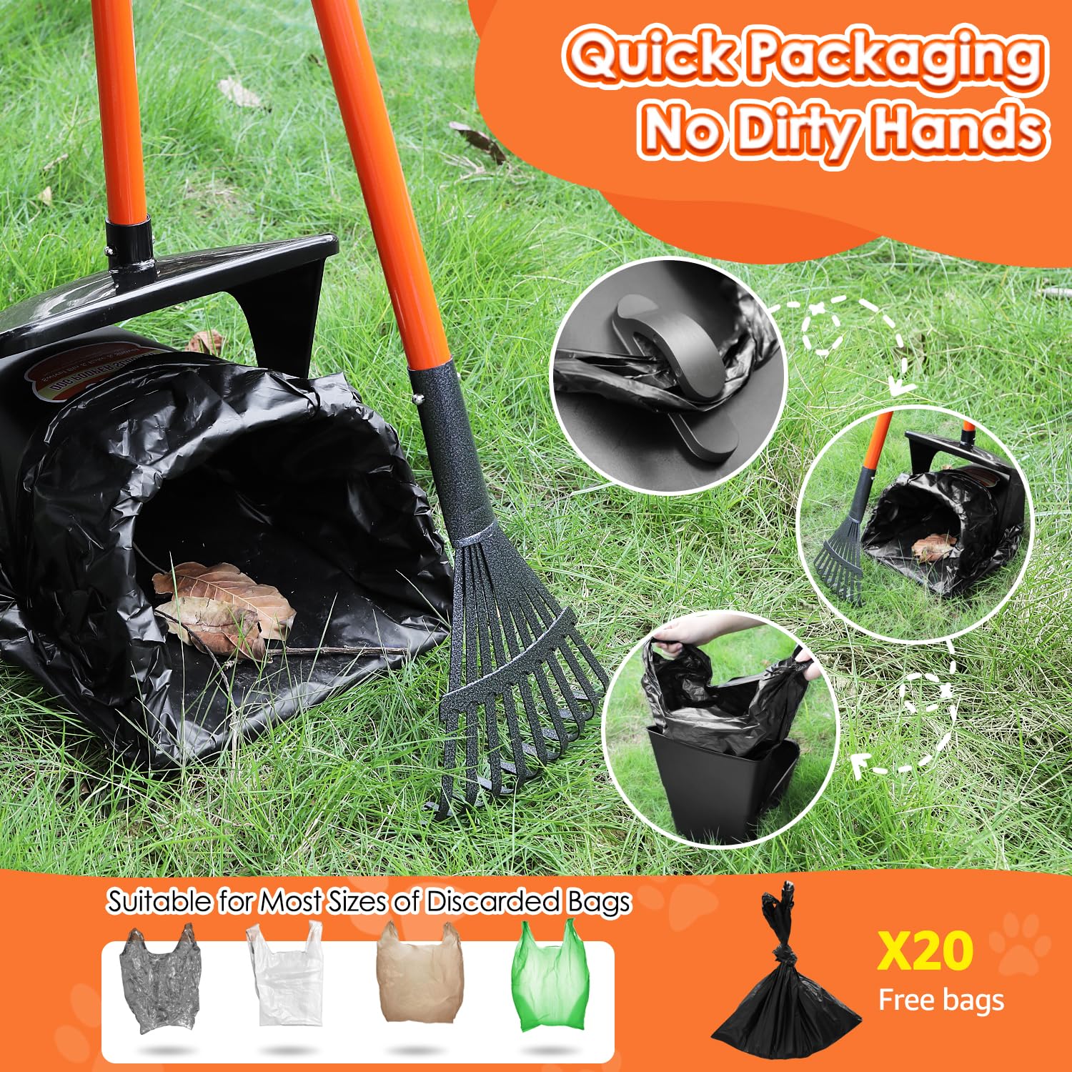 Slowton Dog Pooper Scooper - 37.4'' Long Handle Adjustable Metal Swivel Bin & Rake & Spade Kit With 20 Waste Bags, Portable Poop